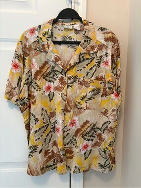 Erika Beige Tropical Floral Short-Sleeve Blouse with Yellow & Brown Accents